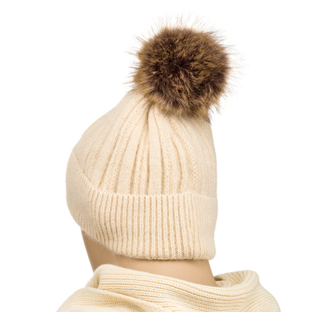 Ocieplana czapka damska z odpinanym pomponem Peterson PTN HAT-09 Beige