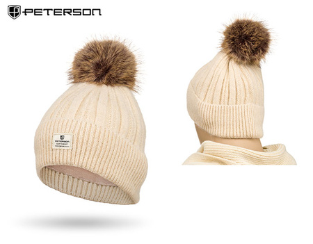 Ocieplana czapka damska z odpinanym pomponem Peterson PTN HAT-09 Beige