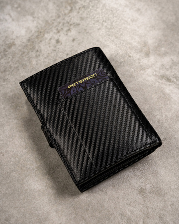 Gift set: a vertical men's wallet made of genuine leather with a carbon texture and a keychain PTN PK5-N4L-6853 Black