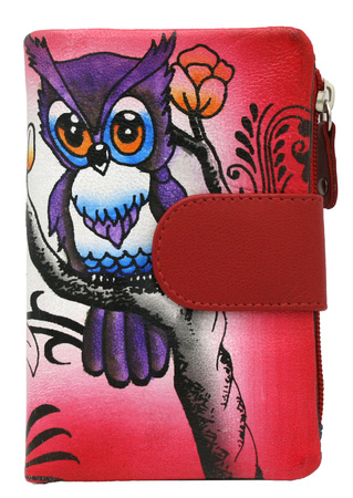 A leather hand-painted women's wallet with an owl motif N14-SPW OWL Red No Logo