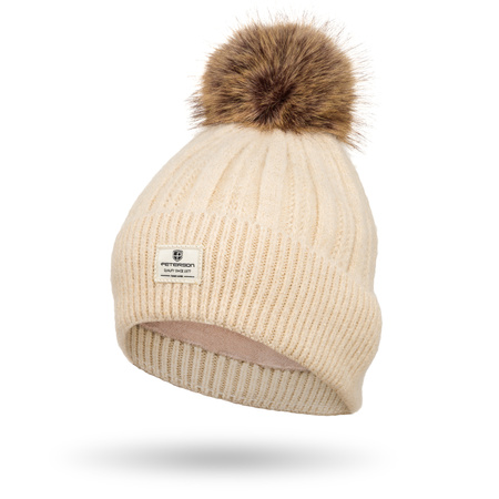 Ocieplana czapka damska z odpinanym pomponem Peterson PTN HAT-09 Beige