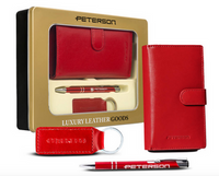 Peterson Gift Set: Pen, Keychain, and a red vertical women’s wallet made of genuine leather PTN ZD42