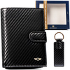 Gift set: a vertical men's wallet made of genuine leather with a carbon texture and a keychain PTN PK5-N4L-6853 Black