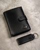 Gift set: a vertical men's wallet made of genuine leather with a carbon texture and a keychain PTN PK5-N4L-6853 Black